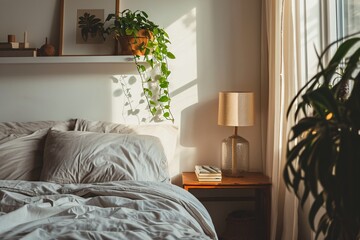 A cozy bedroom scene with a bed, lamp, and potted plant