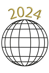 Illustration with gold 2024 logo design over the globe. Isolated on a white background