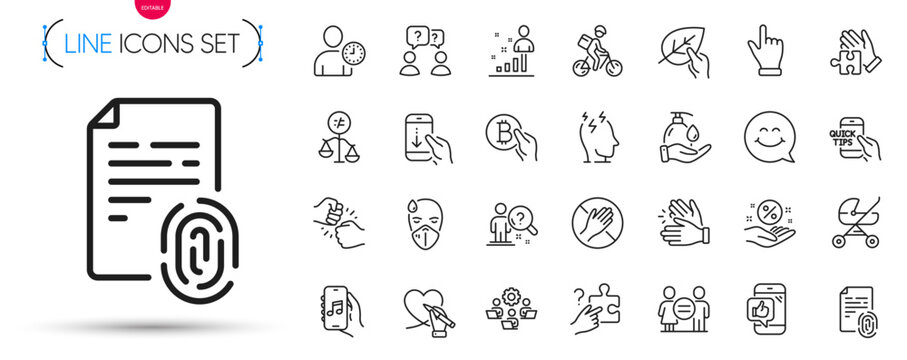 Pack of Education, Loan percent and Stats line icons. Include Wash hands, Mobile like, Click hand pictogram icons. Baby carriage, Scroll down, Clapping hands signs. Dont touch. Vector