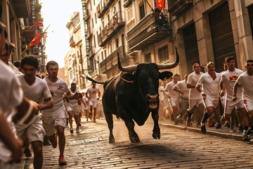 Bull Chasing Men in White Shirts