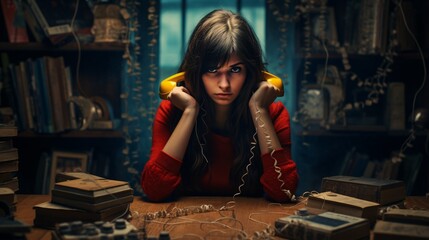 A woman with long hair holding a yellow phone to her ear - obrazy, fototapety, plakaty