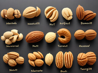 Pattern of various nuts on beige. Healthy eating concept. Pecan, almonds, hazelnuts, pistachios, cashews. Top view, flat lay