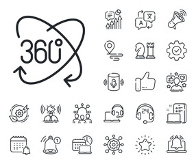 Full rotation sign. Place location, technology and smart speaker outline icons. 360 degree line icon. VR technology simulation symbol. Full rotation line sign. Vector