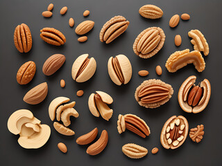 Pattern of various nuts on beige. Healthy eating concept. Pecan, almonds, hazelnuts, pistachios, cashews. Top view, flat lay