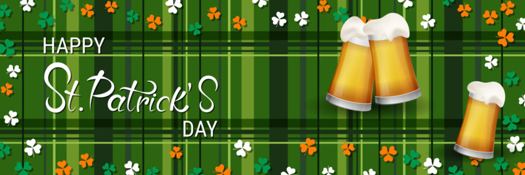 St.Patrick's Day vector banner template. Green plaid background with colorful clover leaves
