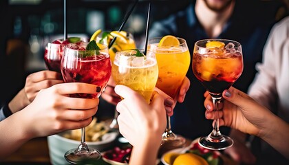 Multiracial friends celebrating party drinking cocktails at bar restaurant , Young people having fun hanging out on weekend day , Life style with guys and girls enjoying time together