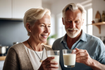 The happiness of a senior male and female couple drinking milk. For strong health, strengthen bones, nourishing the brain, concepts of taking care of your health and body.