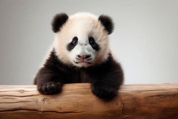 Naklejka premium panda, cute bear cub, close-up portrait on a studio gray background.