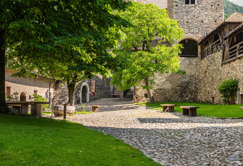 Dorf Tirol, Trentino Alto Adige, Italy, June 14, 2023: the inner courtyard of the Tyrol Castle - obrazy, fototapety, plakaty