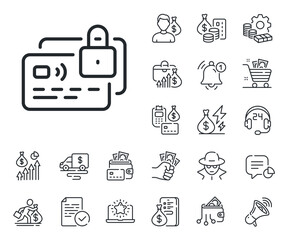 Locked bank money payment sign. Cash money, loan and mortgage outline icons. Credit card line icon. Non-cash pay symbol. Card line sign. Credit card, crypto wallet icon. Inflation, job salary. Vector