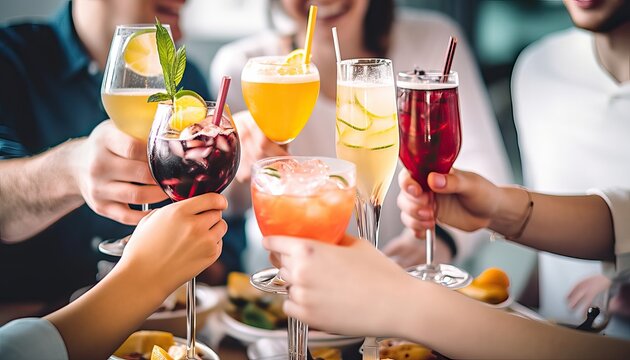 Multiracial friends celebrating party drinking cocktails at bar restaurant , Young people having fun hanging out on weekend day , Life style with guys and girls enjoying time together - Powered by Adobe
