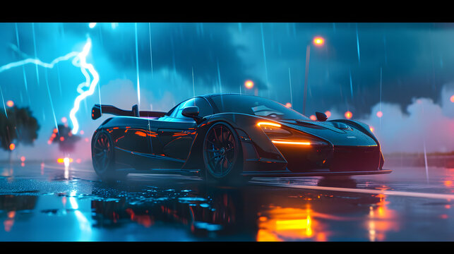 A supercar is standing on the road. Cinematic light. Lightning strikes a tree. Generative ai