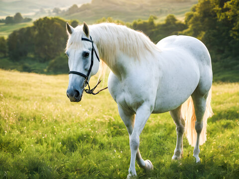 Beautiful white horse on green meadow at sunset in summer.