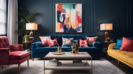 A chic living space highlighted by a navy blue velvet couch, gold-accented side tables, and an array of artwork in vivid hues, creating a sophisticated yet lively ambiance.