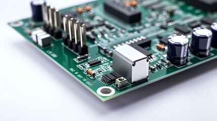 Close-up of Electronic Circuit Board with Microchips and Capacitors