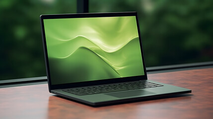 Modern Laptop with Green Wallpaper on Wooden Desk by the Window
