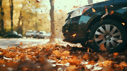 Autumn Leaves Falling on a Parked Car with Golden Foliage Background
