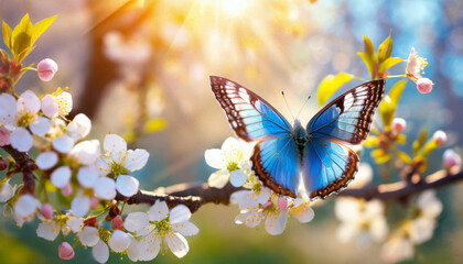 Close up of a blue butterfly perched on a branch with white cherry blossom, illuminated by soft sunlight, displays the beauty of spring