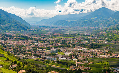 summer landscape of Merano town in South Tyrol, Bolzano province,Trentino Alto Adige,northern Italy. - obrazy, fototapety, plakaty