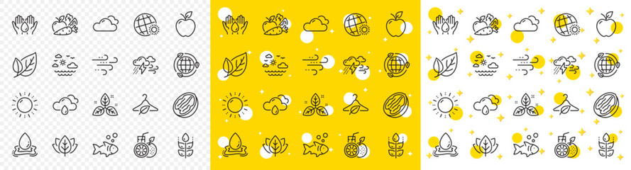Outline Windy weather, Slow fashion and Gluten free line icons pack for web with Bad weather, Leaf, Eco energy line icon. Sun energy, Fish, Apple pictogram icon. Fair trade, Orange juice. Vector - obrazy, fototapety, plakaty