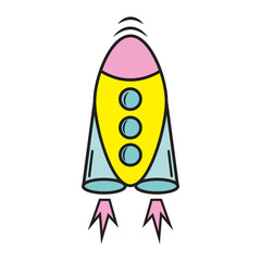 A cartoon-style spaceship rocket icon. A toy rocket takes off, spewing smoke.