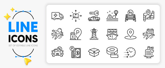 Charging station, Select flight and Parking payment line icons set for app include Lighthouse, Delivery time, Pin outline thin icon. Car key, Ambulance emergency. Yellow 3d stars with cursor. Vector