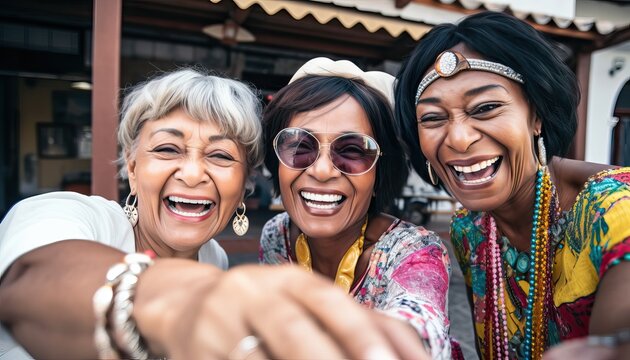 Three senior women taking selfie photo with smart mobile phone device outside , Happy aged people having fun together walking on city street , Life style concept with mature females hanging out