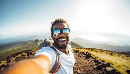 Happy man with backpack and sunglasses taking selfie picture on top of the mountain , Cheerful hiker climbing the cliff outdoors , Travel blogger looking at camera