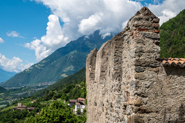 Fototapeta premium panoramic view of the city of Merano from the hill of the Tyrol castle in South Tyrol, Trentino Alto Adige, South Tyrol, northern Italy, Europe
