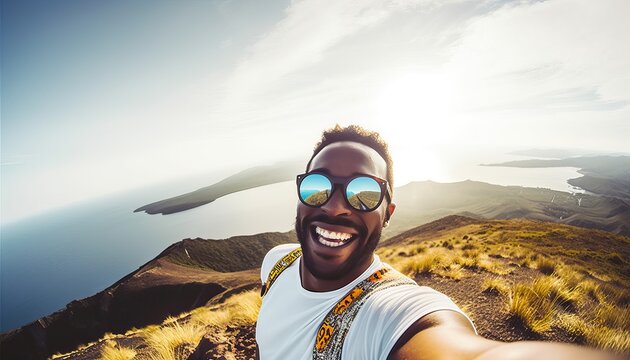 Happy man with backpack and sunglasses taking selfie picture on top of the mountain , Cheerful hiker climbing the cliff outdoors , Travel blogger looking at camera