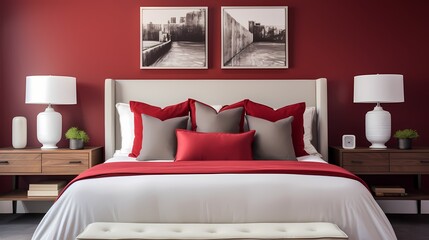 A serene bedroom featuring a crimson accent wall behind a neatly made bed adorned with crimson throw pillows, exuding modern elegance.