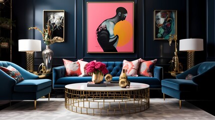 A chic living space highlighted by a navy blue velvet couch, gold-accented side tables, and an array of artwork in vivid hues, creating a sophisticated yet lively ambiance.