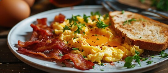 Scrambled egg and bacon on a plate with bread toast.