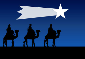 Silueta de reyes magos montados en camello en un día nocturno.  - obrazy, fototapety, plakaty