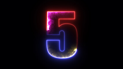 Glowing neon animated number 5 (Five). Bright neon glowing number 5. Education concept