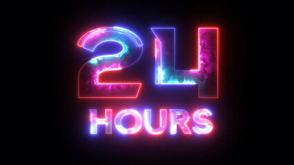 Neon text 24 hours, lettering. Glowing blue and purple neon word 24 hours. Glowing alphabet with letters