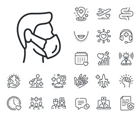 Safety breathing respiratory mask sign. Online doctor, patient and medicine outline icons. Medical mask line icon. Coronavirus face protection symbol. Medical mask line sign. Vector