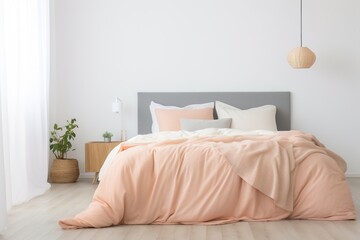 Bedroom in the trending color of 2024. Peach tones. Bedroom design. - obrazy, fototapety, plakaty