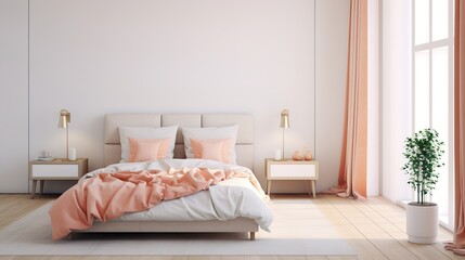 Fototapeta na wymiar Bedroom in the trending color of 2024. Peach tones. Bedroom design.