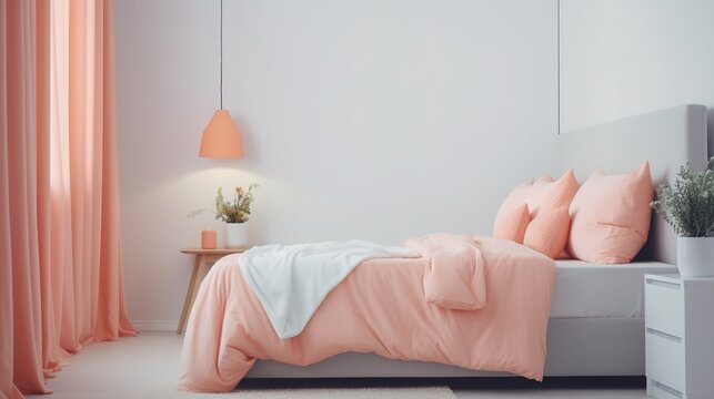 Bedroom in the trending color of 2024. Peach tones. Bedroom design.
