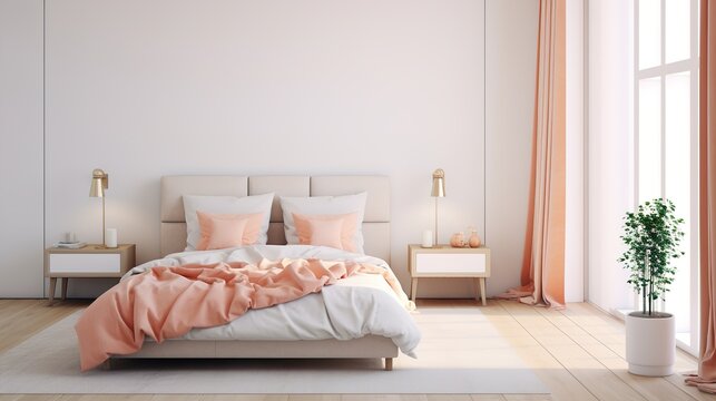 Bedroom in the trending color of 2024. Peach tones. Bedroom design.
