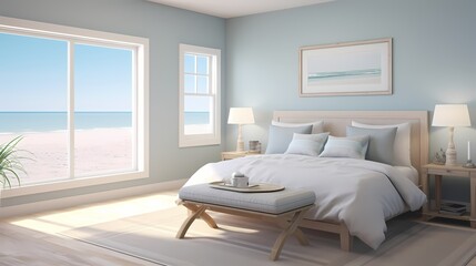 A serene bedroom featuring a minimalist, linen-colored bedspread against a backdrop of soothing, ocean-blue walls and accents of sandy beige, exuding coastal tranquility. - obrazy, fototapety, plakaty
