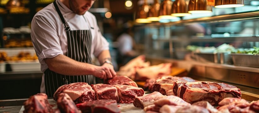 Shop assistant showing different meat types in butcher shop.