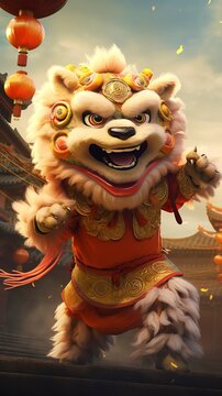 Naklejki A lively and energetic IP character of dragon and lion dance, full of vitality and radiating a joyful and cheerful atmosphere. - generative ai