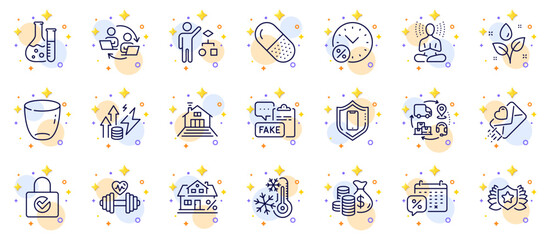 Outline set of Mortgage, Laureate and Glass line icons for web app. Include Capsule pill, Algorithm, Smartphone protection pictogram icons. Plants watering, Loan percent. Circles with 3d stars. Vector