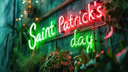 neon illuminated banner text Saint Patrick's day on a green wall, poster - obrazy, fototapety, plakaty