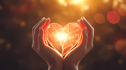 Hands holding lover in shape heart, sunlight background. Love on Valentine's Day or wedding. It expresses your love and care for your partner or someone special to you - obrazy, fototapety, plakaty