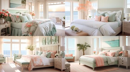 A serene bedroom featuring a soft, seafoam-green bedspread against a backdrop of creamy, vanilla-colored walls and accents of coral pink, emanating coastal serenity. - obrazy, fototapety, plakaty