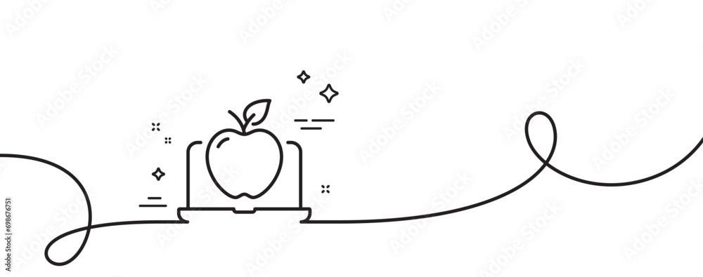 Poster laptop line icon. continuous one line with curl. notebook with apple fruit sign. online diet menu sy