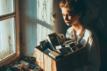 A woman holding a box of old cameras and tapes. - obrazy, fototapety, plakaty